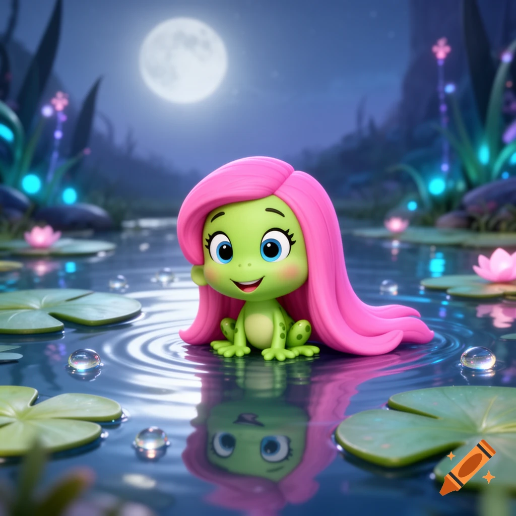 A cute, green, cartoon frog with long pink hair sits in a pond at night, surrounded by lily pads and glowing flora under a full moon.