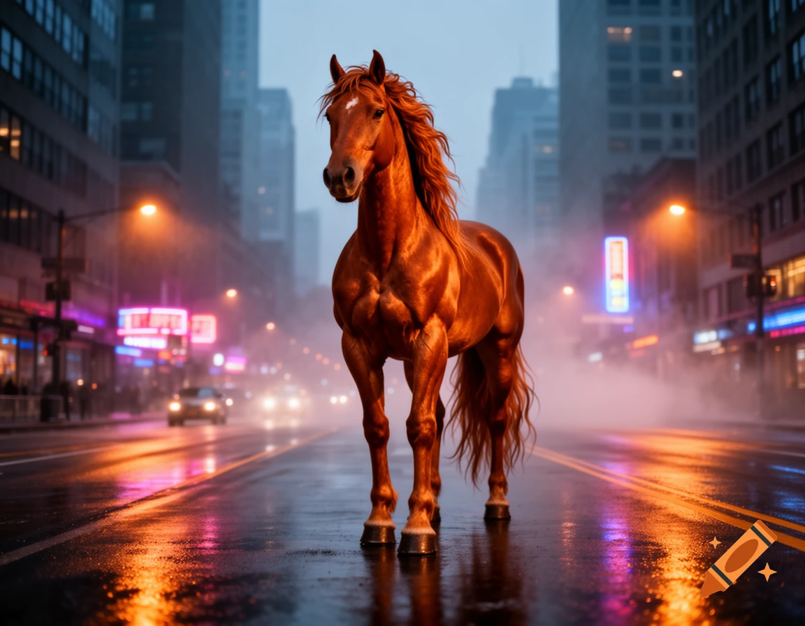 A muscular brown horse stands in the middle of a wet city street at night, with neon lights reflecting on the pavement.