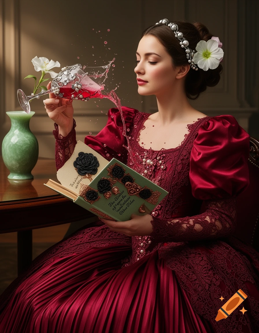 A woman in a red Victorian gown holds an elaborately decorated book as red liquid spills from a tilted, ornate wine glass.