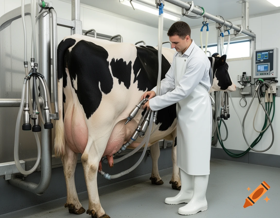A man in a white apron and boots attaches milking equipment to a cow's full udder in a clean, modern dairy stall.