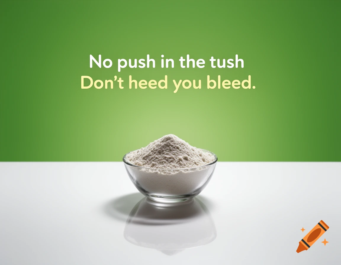 A bowl of white powder sits on a white surface with a green background, featuring text 'No push in the tush Don't heed you bleed'.