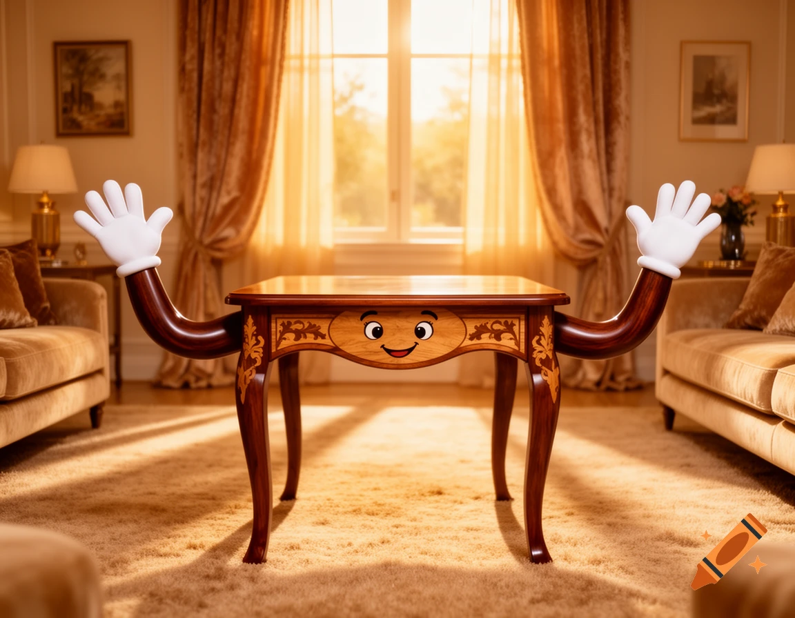 A wooden table with a smiling cartoon face and two arms wearing white gloves stands in a sunlit opulent living room.