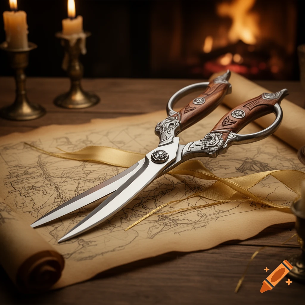 Ornate shears with wooden handles rest on an old map, flanked by lit candles, in front of a warm fireplace.