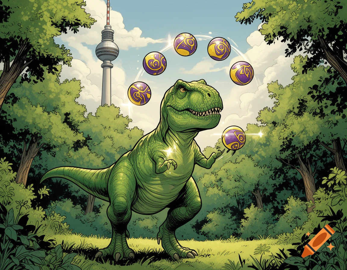 A bright green T-Rex juggles yellow and purple balls in a comic book style forest with the Berlin TV Tower in the background.