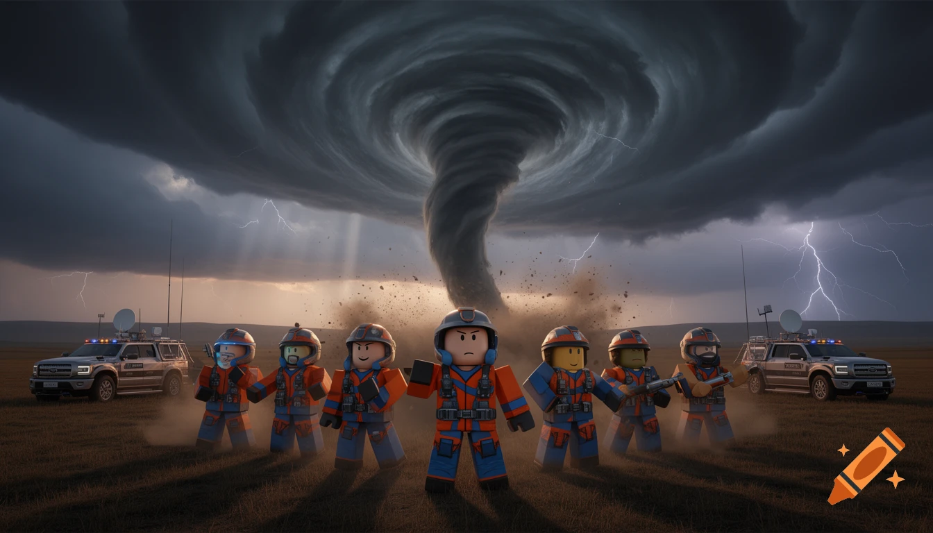 Seven Roblox tornado hunter characters stand in a field with two storm chase vehicles, facing a massive swirling tornado under a lightning-filled sky.