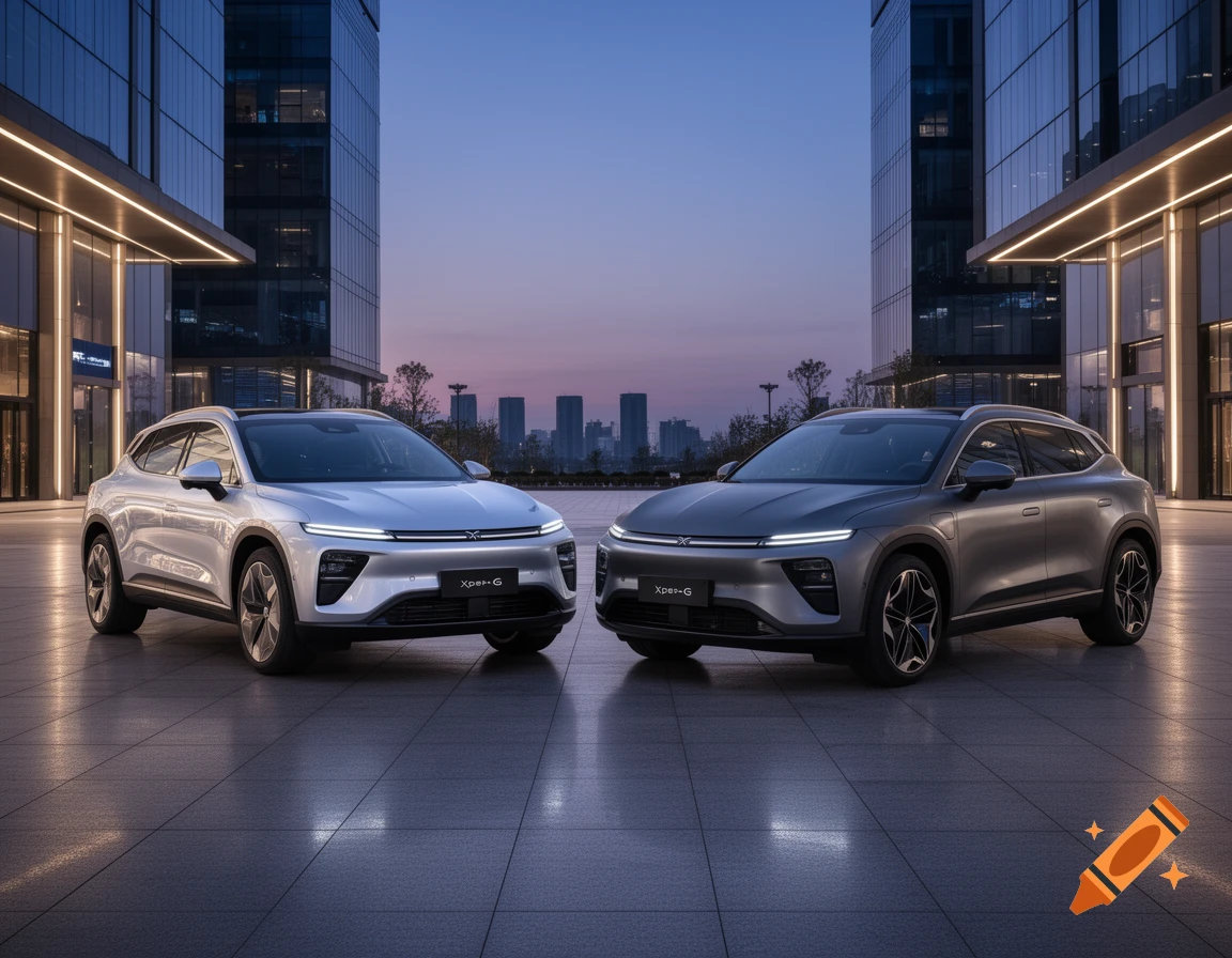 Two Xpeng G9 SUVs, one silver and one graphite gray, parked at dusk in front of a modern glass building with a city skyline.
