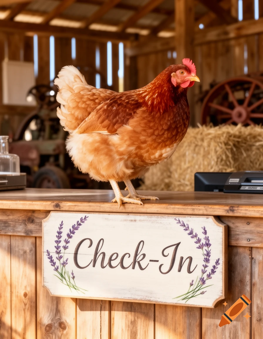 A photorealistic brown chicken stands on a wooden counter with a "Check-In" sign decorated with lavender in a rustic barn.