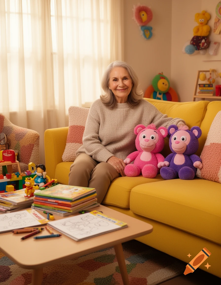 An elderly woman sits on a yellow sofa next to pink and purple stuffed monkeys, surrounded by children's books and crayons on a coffee table.