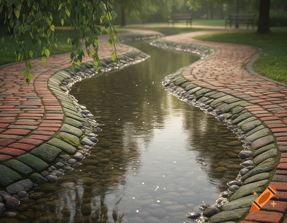 A photorealistic image of a winding creek with a stone bottom, flanked by red and green cobblestone walkways in a sunlit park.