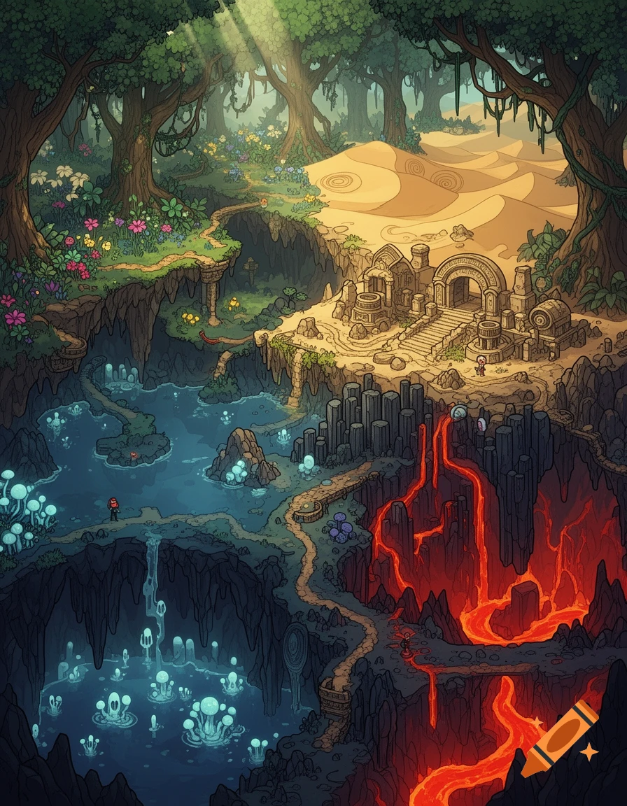 Detailed isometric fantasy map showcasing diverse biomes including a lush forest, a desert, water-filled caves, and a fiery lava region.
