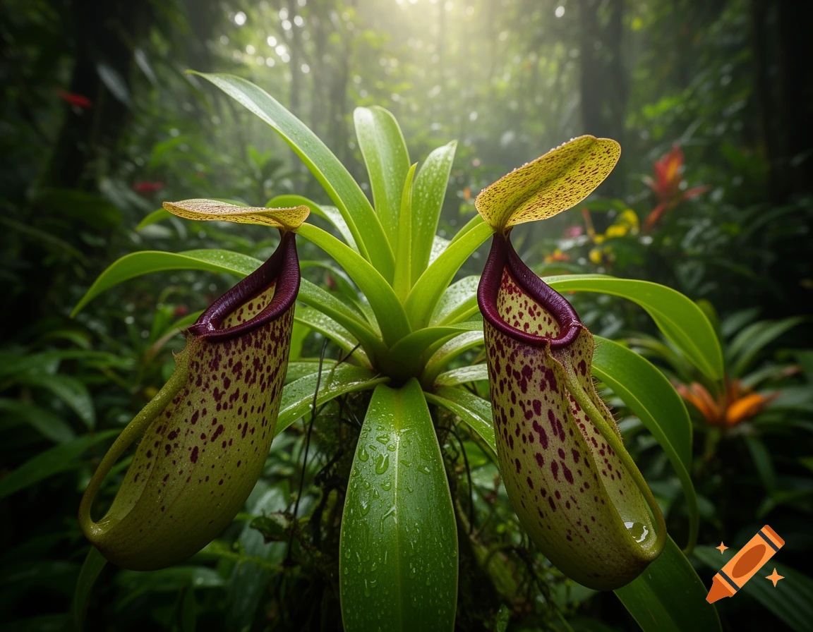 Two vibrant green and purple tropical pitcher plants with dewdrops in a lush, misty jungle, illuminated by a sunbeam.