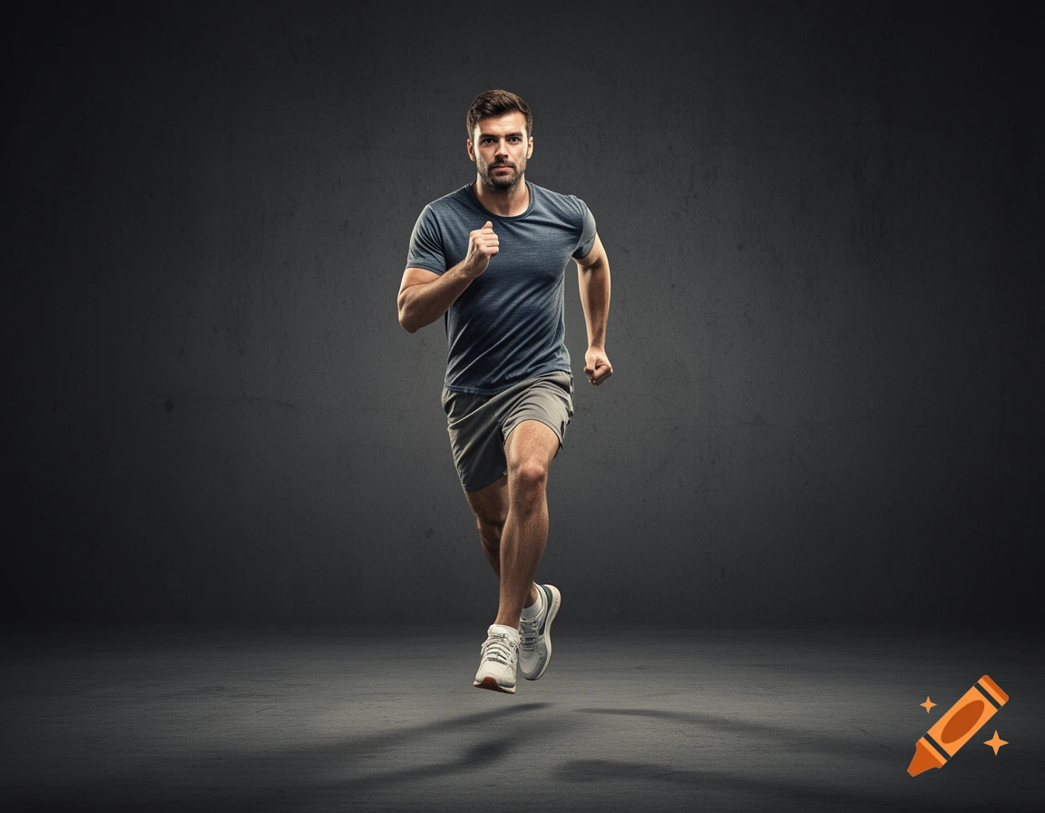 A fit man in a grey t-shirt and shorts runs in place against a dark grey studio background.