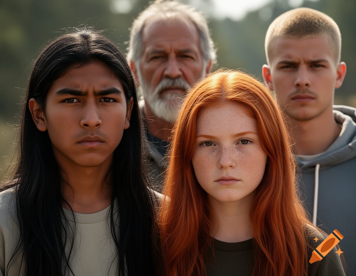 Photorealistic portrait of four serious individuals: an indigenous teenager, a red-haired girl, an older man, and a blonde young man.
