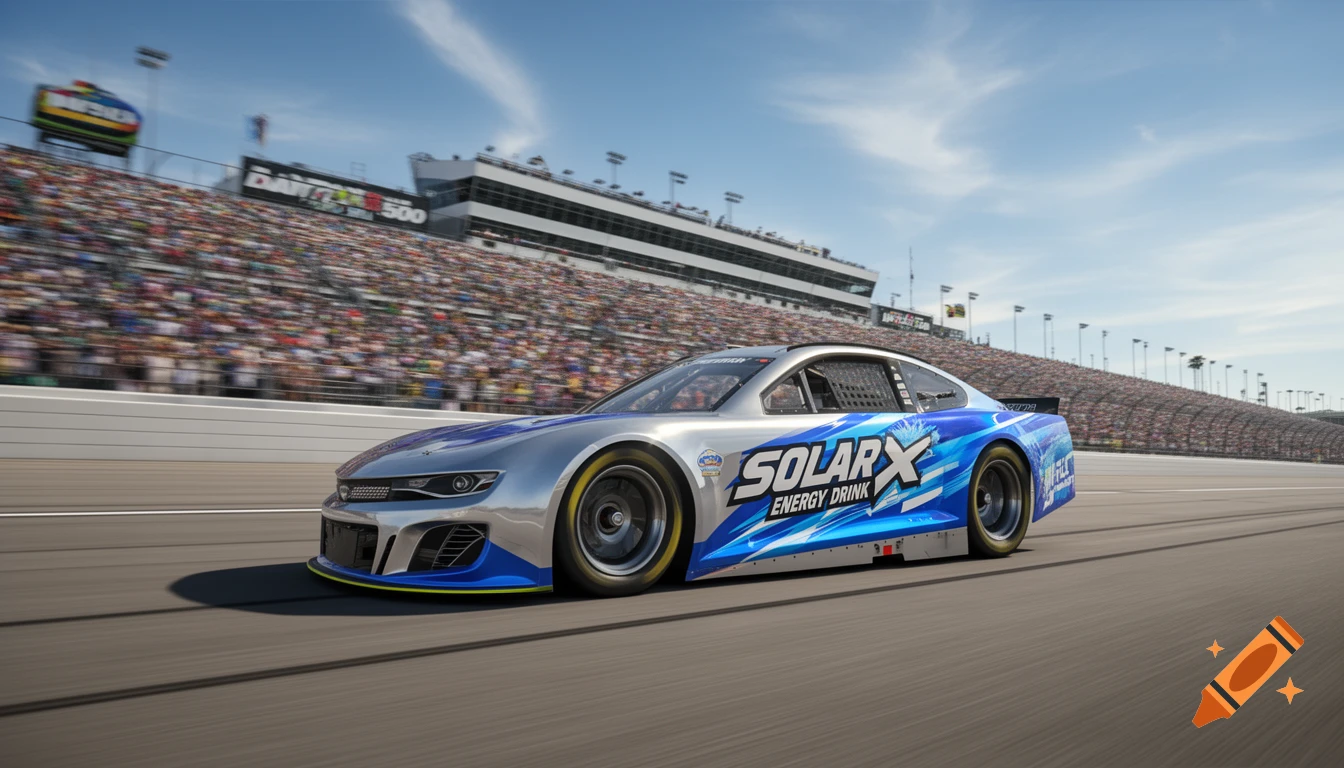 A photorealistic silver and blue racing car with 'SOLAR X ENERGY DRINK' branding speeds on a track past a crowded grandstand under a clear sky.