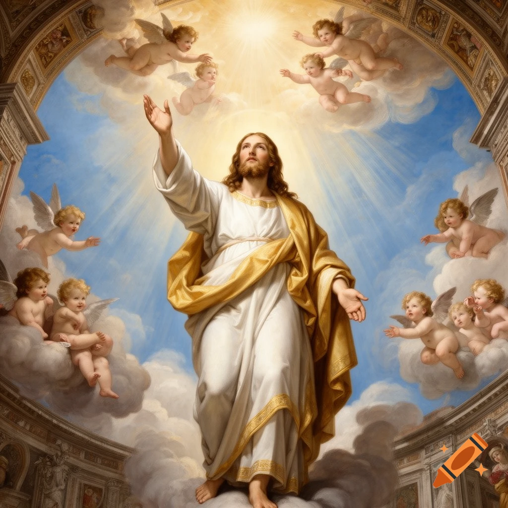 Jesus, robed in white and gold, ascends towards a bright light, surrounded by cherubs and clouds, in a classical painting style.