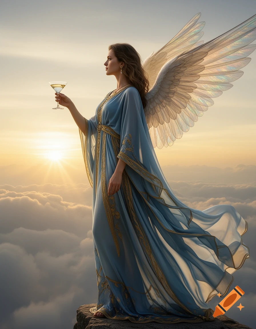 A winged woman in a blue and gold gown stands on a cliff above clouds at sunset, holding a cocktail glass.