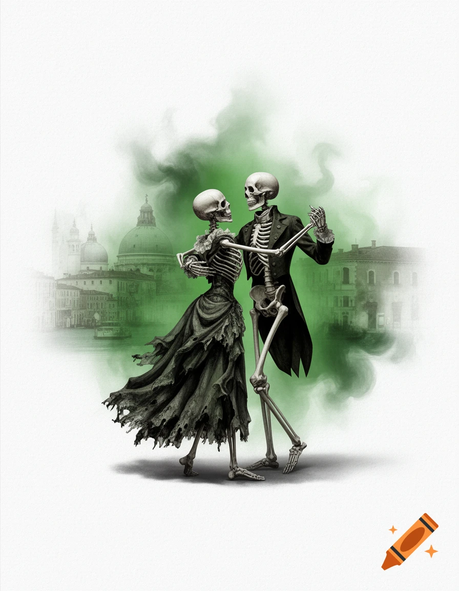 Two skeletons in formal attire dance against a backdrop of green mist and a silhouetted Venice skyline in an illustration.