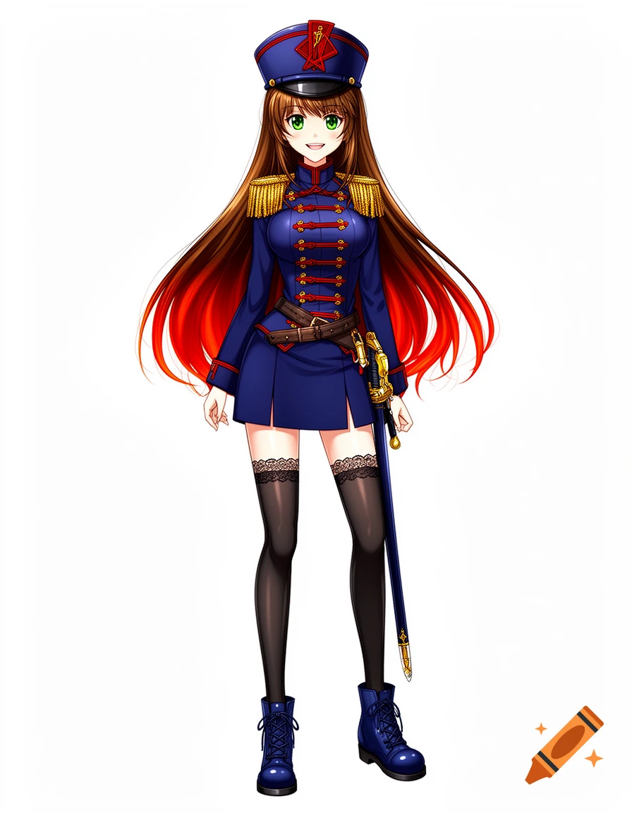 Anime woman with brown hair in a navy military uniform, short skirt, thigh-high stockings, boots, and a sheathed sword.