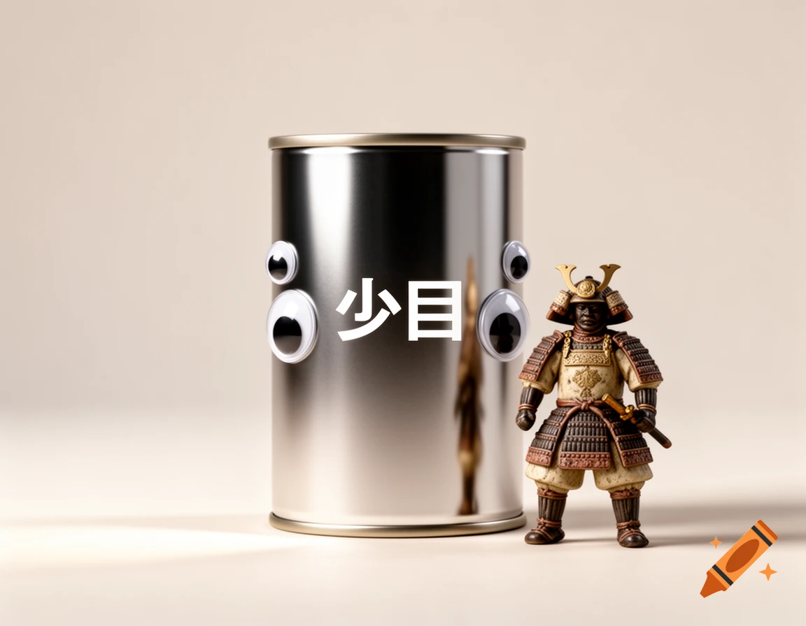 Minimalist ad with a silver can displaying '少目' and googly eyes, next to a small samurai warrior figurine.