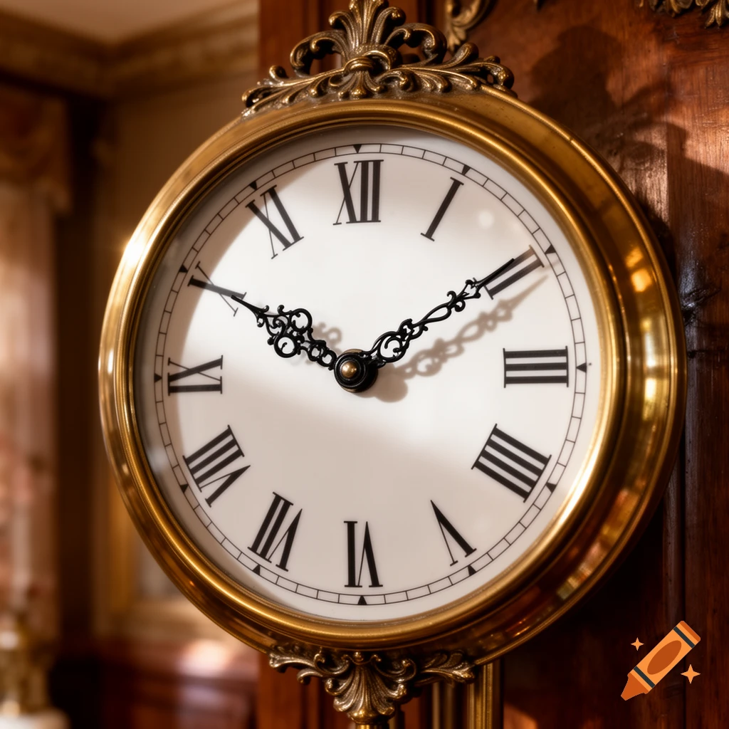 A close-up of an ornate, antique brass clock with Roman numerals, showing half past three.