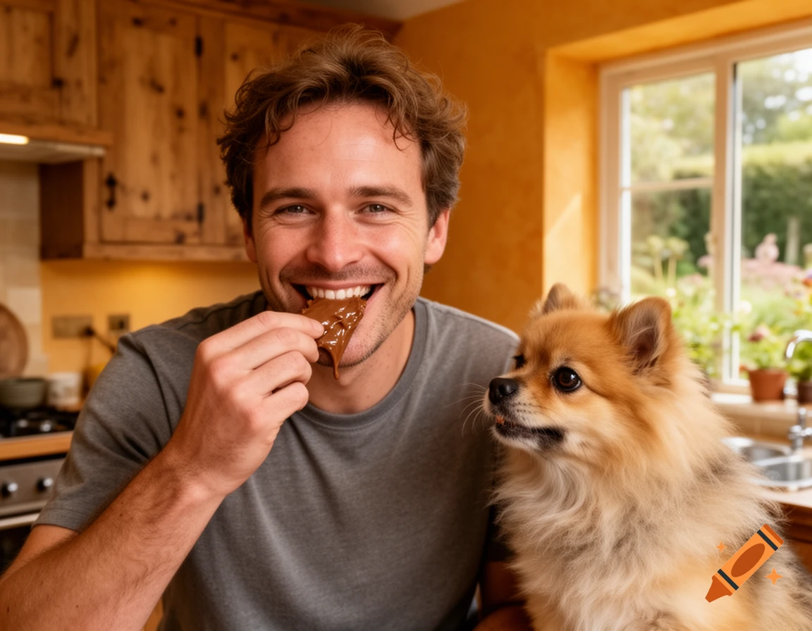 Smiling man eating a chocolate bar with a small fluffy dog next to him in a kitchen.