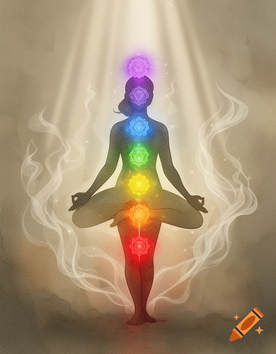 Ethereal illustration of a person meditating in lotus pose, with seven rainbow-colored chakras glowing along their body.