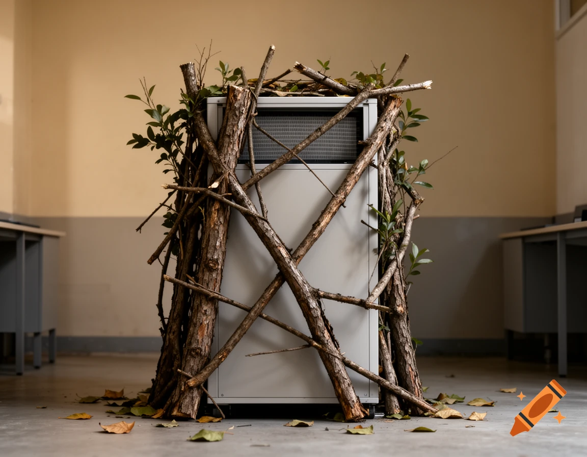 Corsi-Rosenthal box camouflaged with branches and leaves in a light-colored room with desks and fallen leaves on the floor.