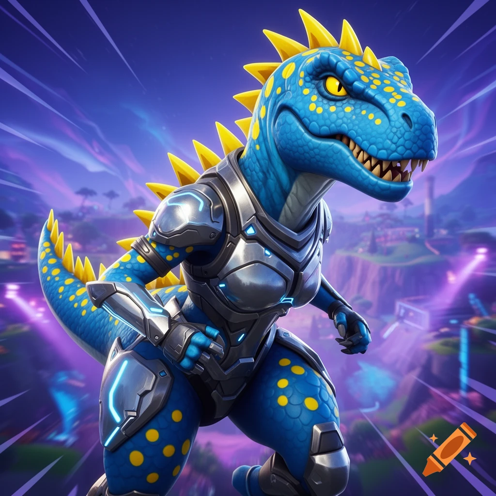 A blue T-Rex Fortnite character with yellow polka dots, yellow eyes, and yellow spikes, wearing silver armor in a vibrant landscape.