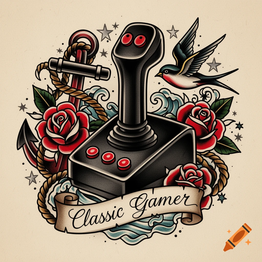 Sailor Jerry style tattoo flash of a vintage Atari joystick, roses, anchor, swallow, and a banner reading 'Classic Gamer'.