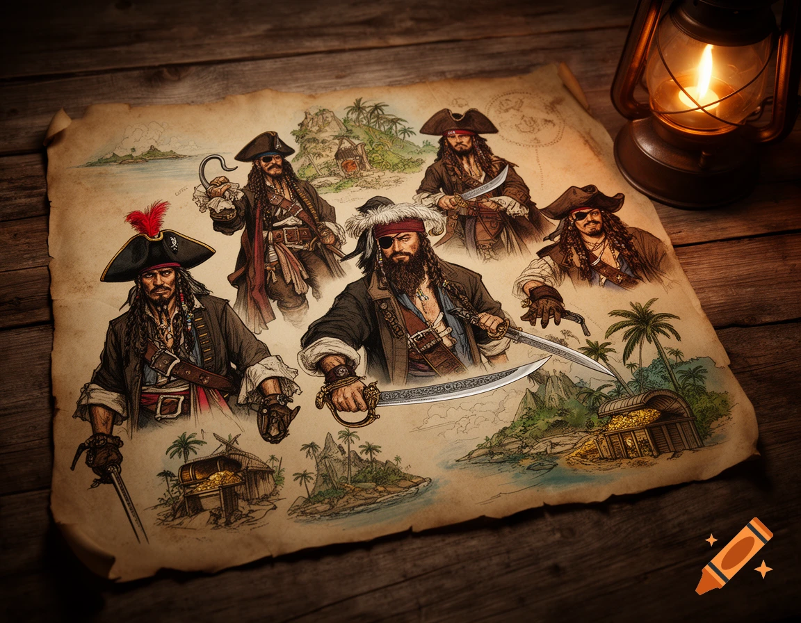An illustration of a treasure map on parchment, featuring several pirates, islands, treasure chests, and a lit lantern.