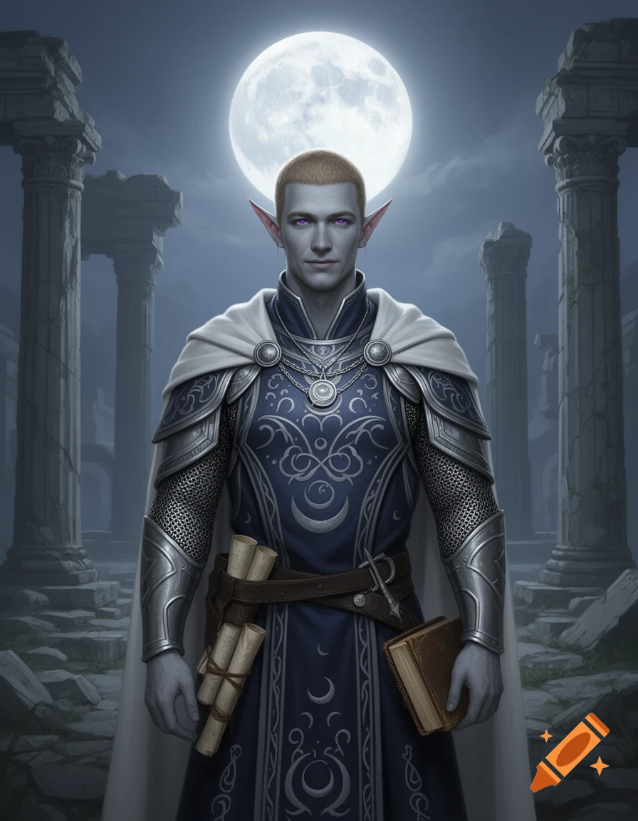 A highly detailed fantasy portrait of an elf cleric in blue and silver armor and a white cloak, standing in moonlit temple ruins.