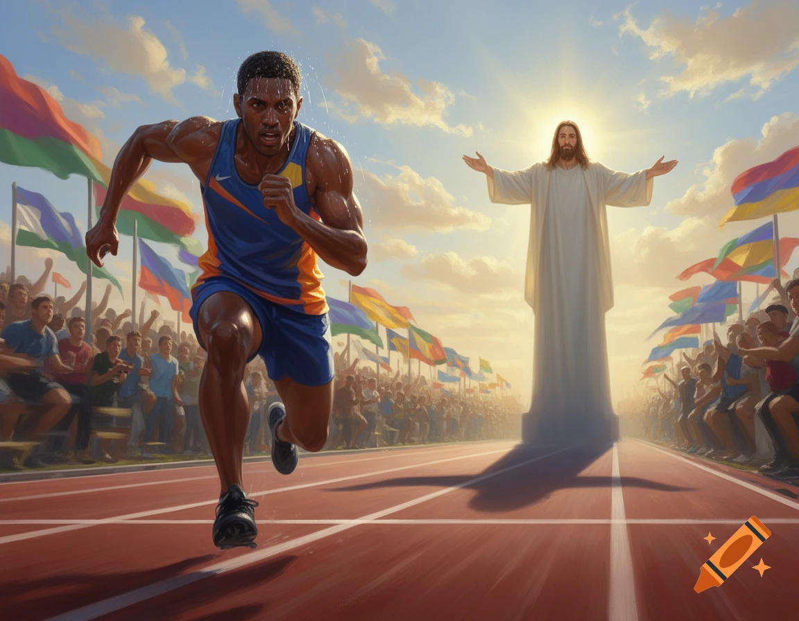 A determined male runner sprints on a track, approaching a glowing figure of Jesus at the finish line. A crowd and flags line the track.