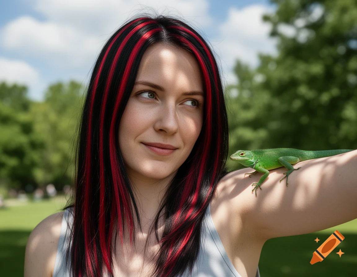 A woman with black and red striped hair smiles while a green lizard rests on her arm in a park.