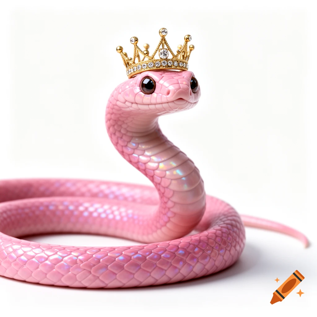 A cute, shimmering pink snake with large dark eyes wears a golden jeweled crown against a white background.
