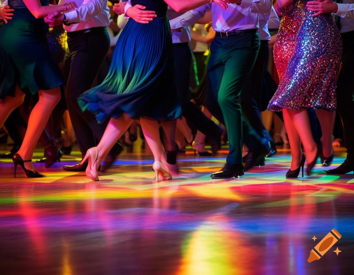 People dancing in colorful attire on a vibrant dancefloor illuminated by rainbow lights, showing only their legs and lower bodies.