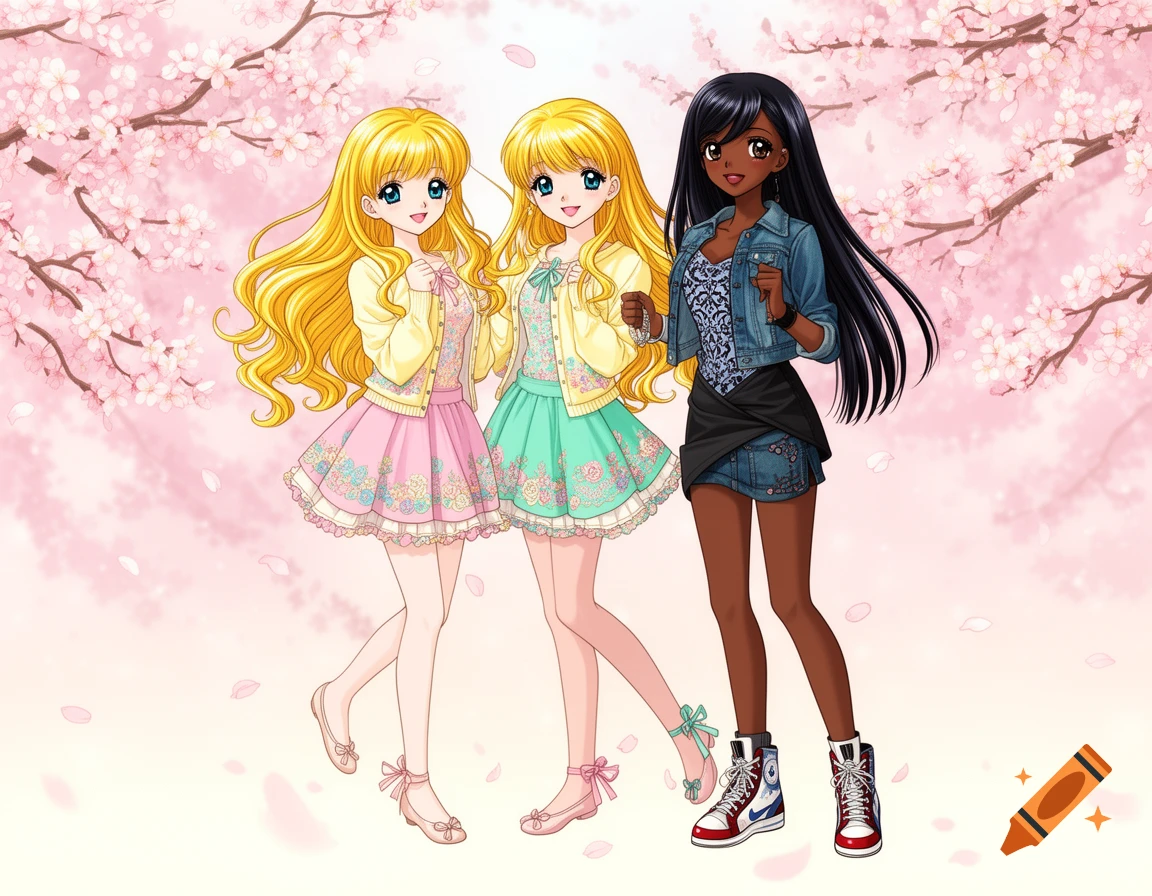 Three anime girls, two blonde and one dark-skinned with black hair, stand smiling under pink cherry blossoms.