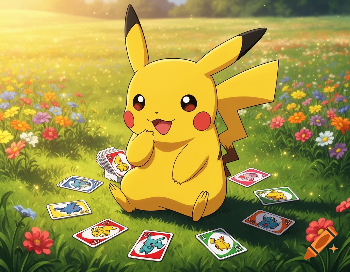 Pikachu sits in a sunny field of colorful flowers, smiling and playing a card game with Pokemon-themed UNO cards spread around.