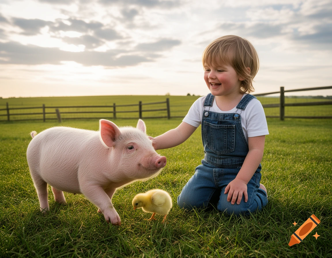 A smiling toddler in overalls kneels to pet a piglet, with a chick nearby, in a sunny grassy field.