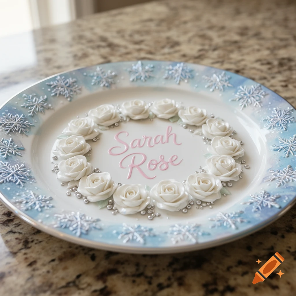 A ceramic birthday plate with sculpted white roses, silver beads, and the name 'Sarah Rose' in pink text, surrounded by blue and silver snowflakes.