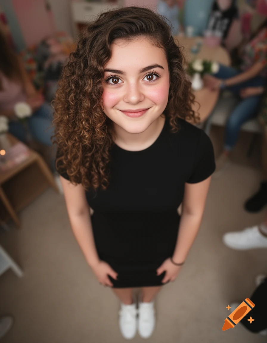 Smiling young woman with curly brown hair and big brown eyes in a black mini dress, white shoes, looking up at the camera.