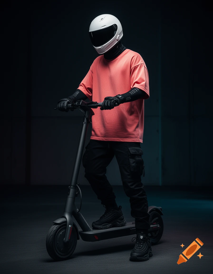 A male electric scooter rider in a white helmet, coral t-shirt, and black techwear, captured in a cyberpunk-minimal, high-contrast style.