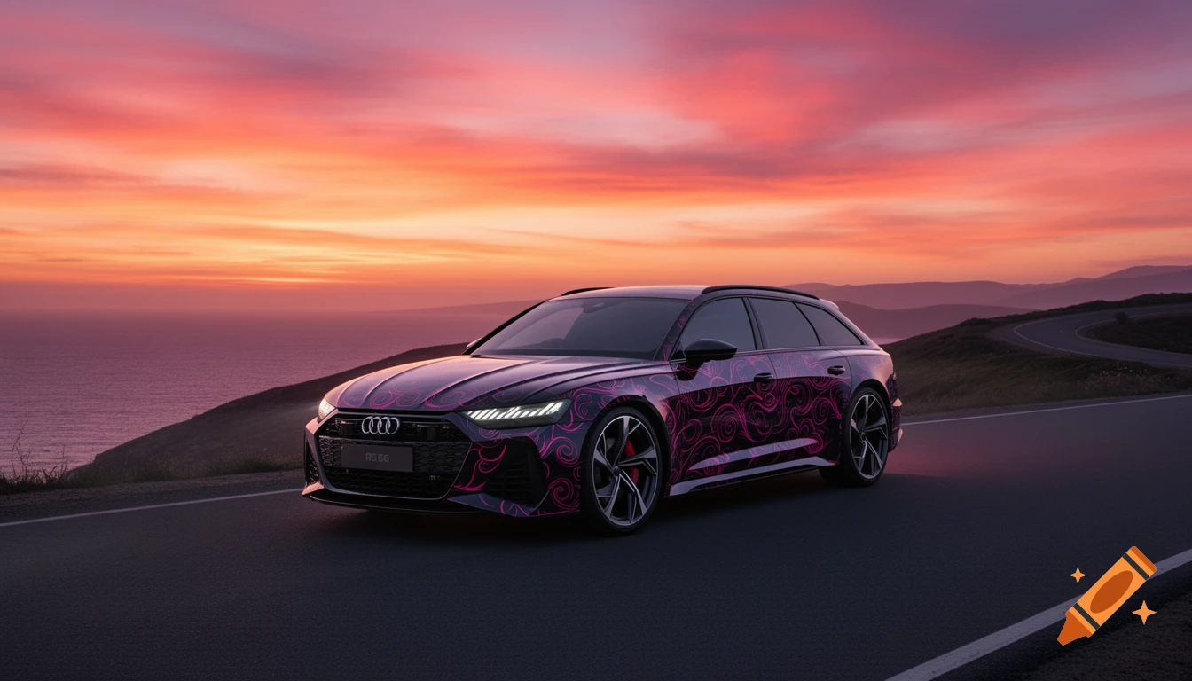 A dark Audi RS6 with pink swirling patterns drives on a coastal road at sunset, with an orange and purple sky over the ocean.