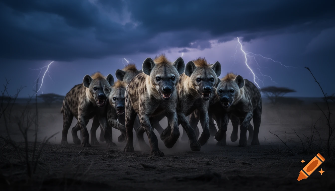A pack of hyenas running forward under a stormy, lightning-filled sky in an African plain, with fierce expressions and rim lighting.