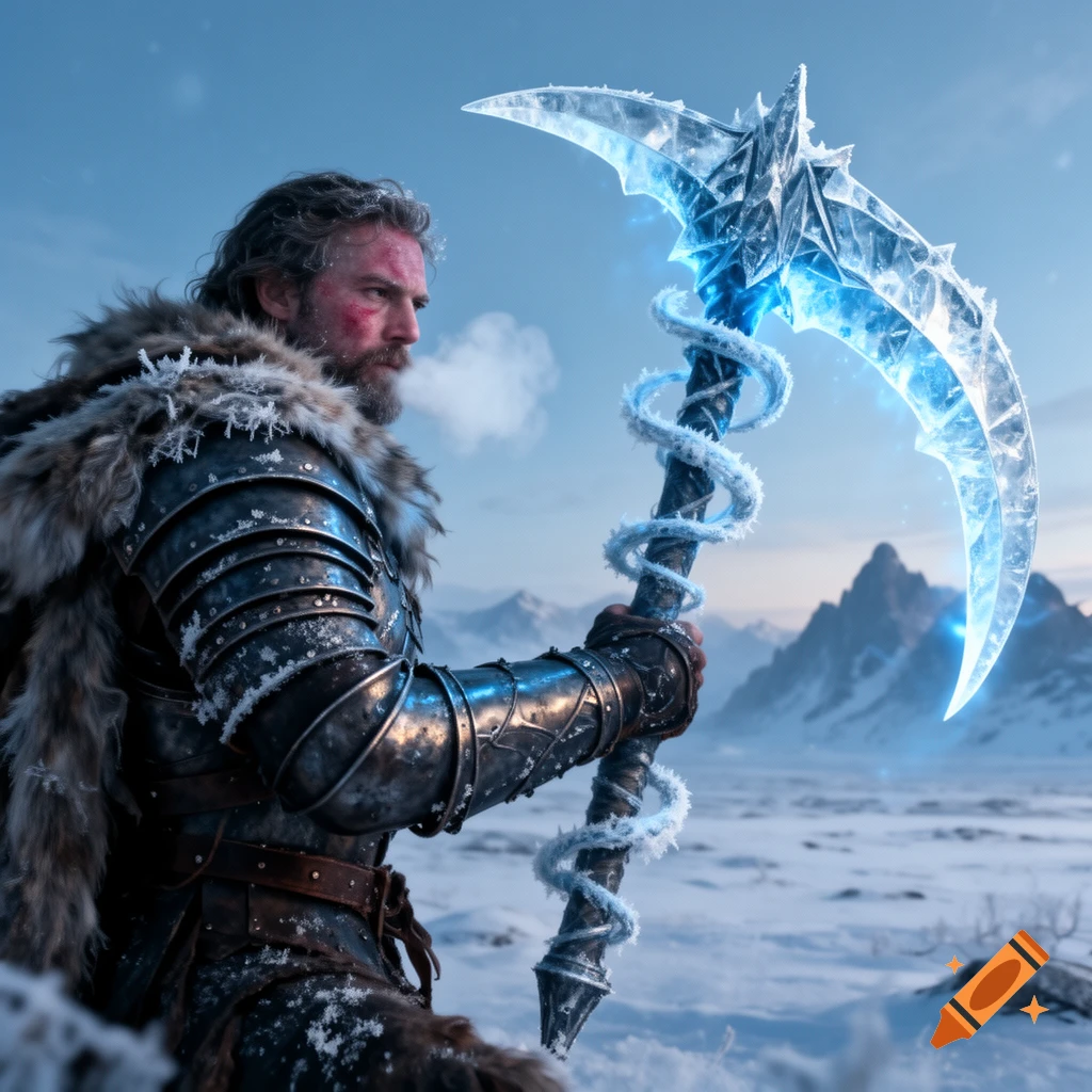 A grizzled warrior in armor and fur holds a glowing blue ice scythe in a snowy mountain landscape.