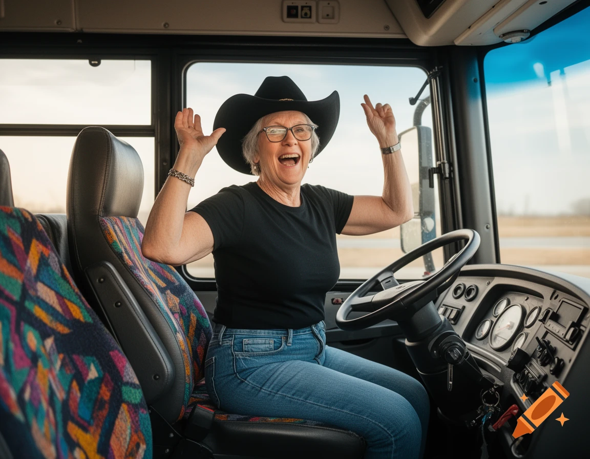 A happy senior woman in a cowboy hat and glasses cheers from the driver's seat of a bus, photorealistic.