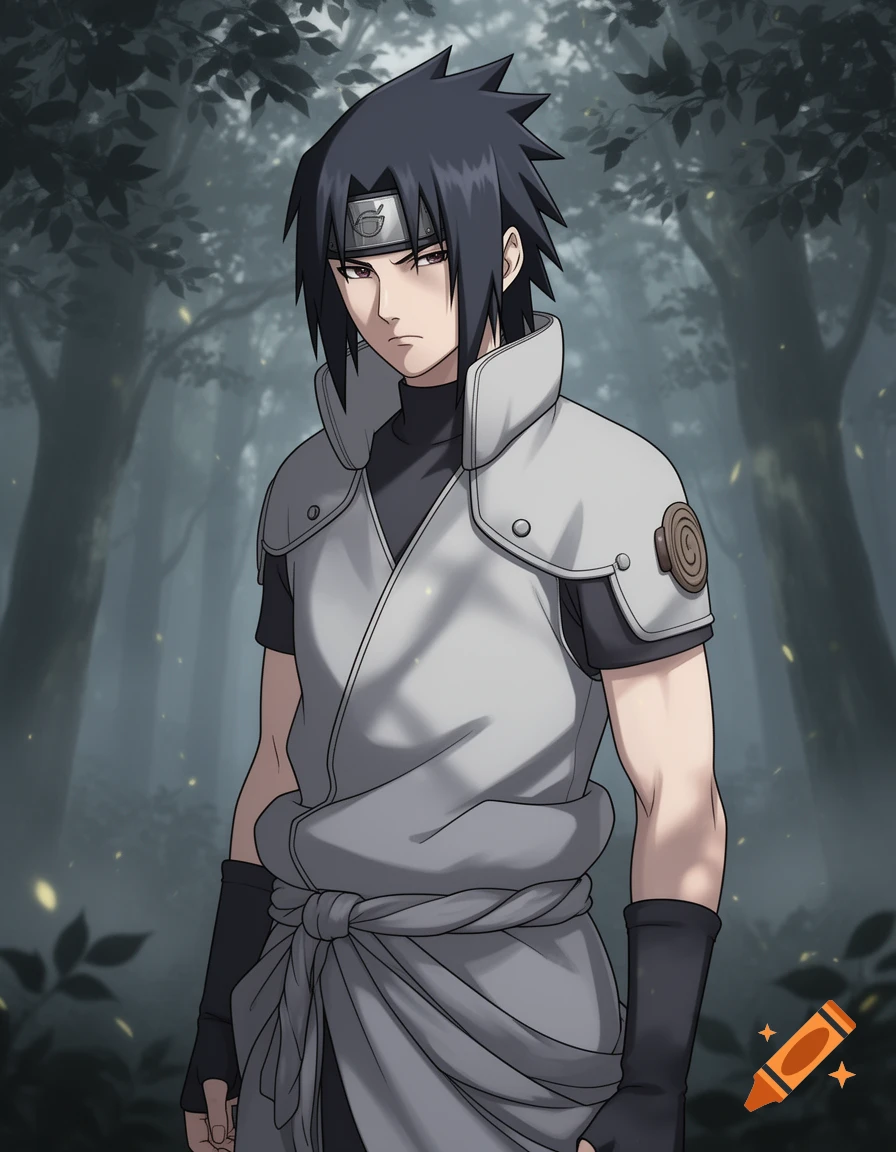 Anime character Sasuke Uchiha with dark spiky hair in a white and grey outfit stands in a dark forest with a serious expression.