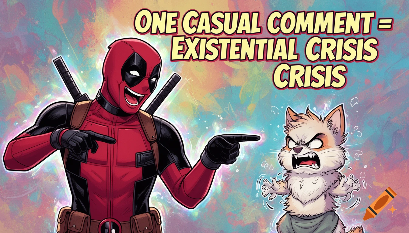 Deadpool points and laughs at a tiny raging cartoon cat with the text 'One Casual Comment = Existential Crisis Crisis' above.