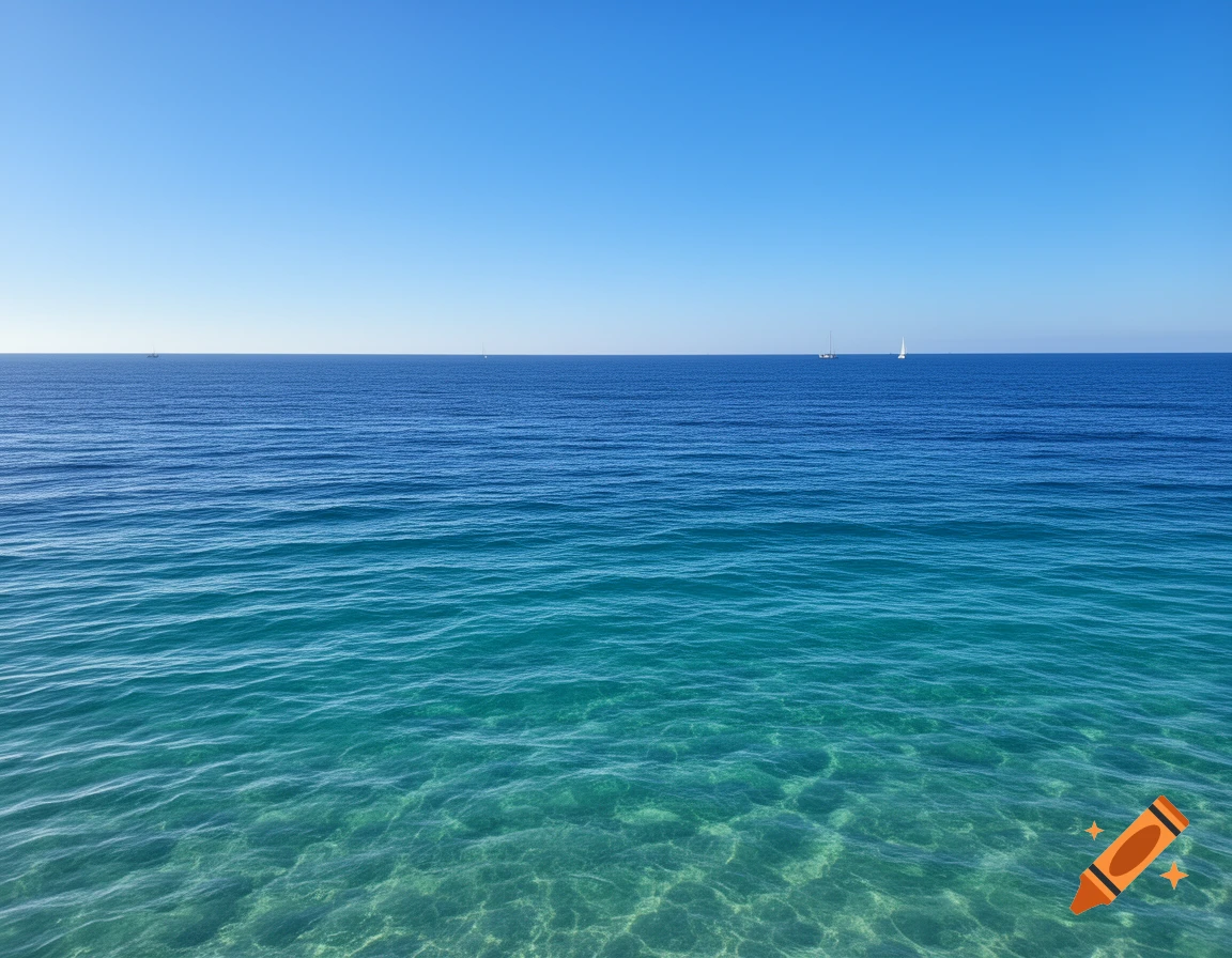 An expansive view of the ocean under a clear blue sky, with deep blue water transitioning to clear turquoise near the foreground, and faint boats on the horizon.