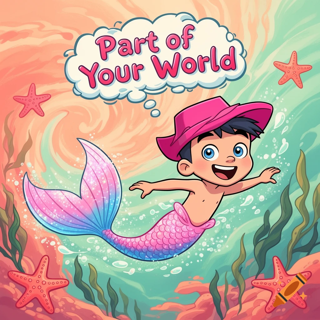 A cheerful cartoon boy with a pink hat and a mermaid tail swims underwater with starfish and coral, thinking 'Part of Your World'.