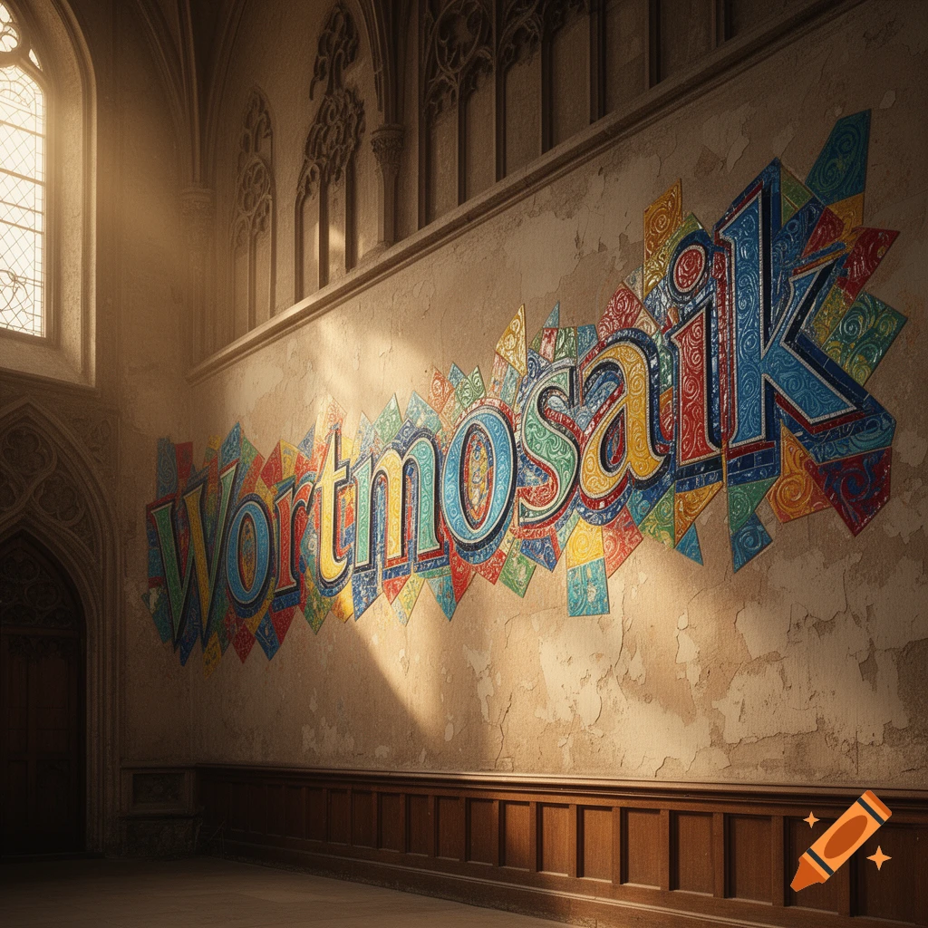 A colorful mosaic-style mural spelling "Wortmosaik" on an old textured wall inside a church, illuminated by sunlight from a tall window.